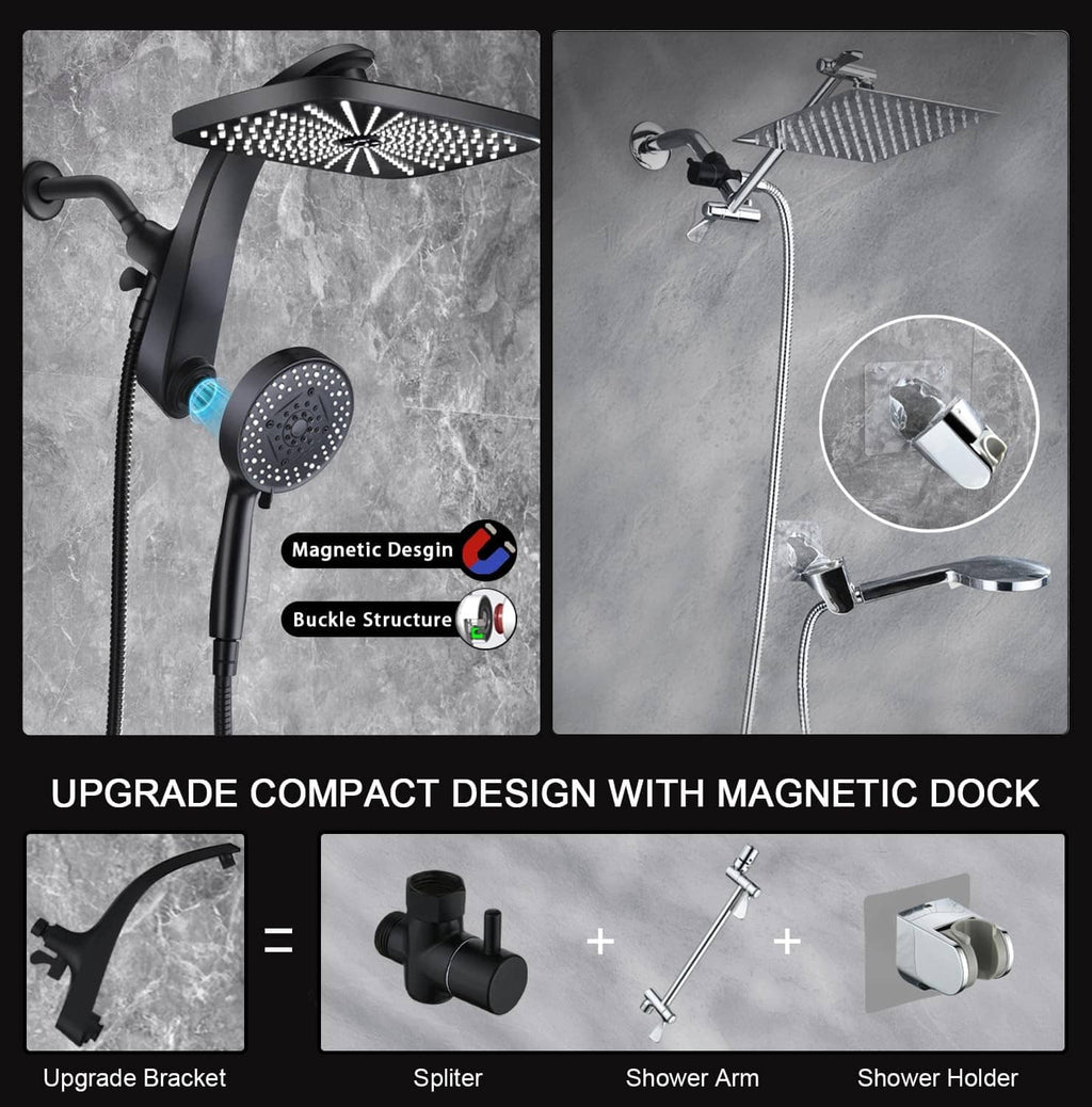Black shower head set with handheld sprayer, magnetic dock, and mounting bracket