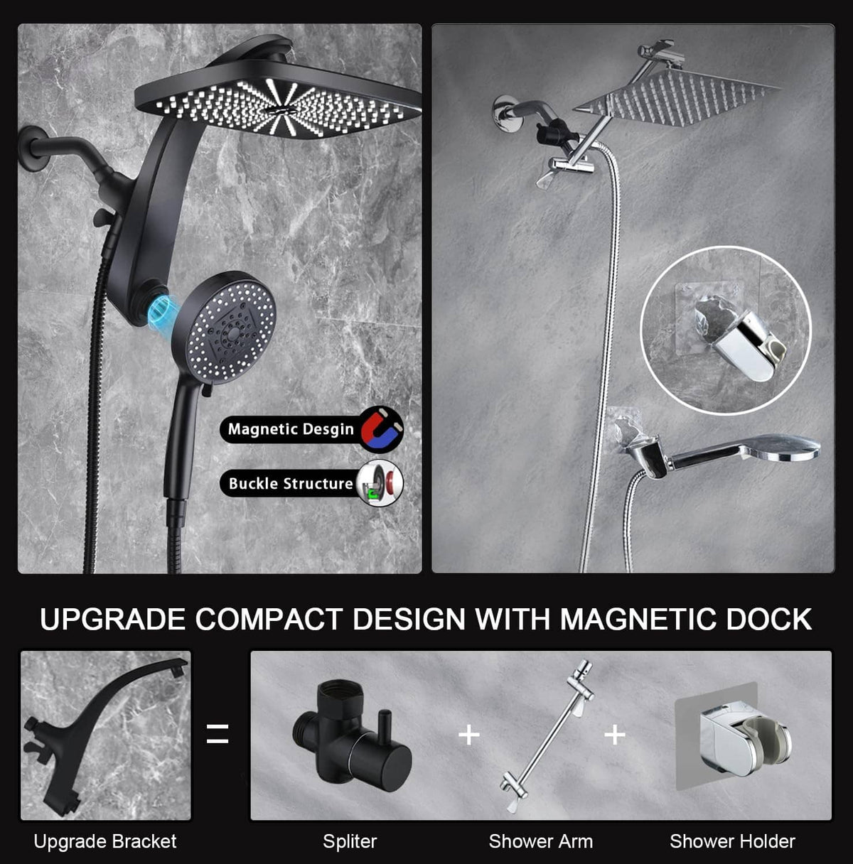 Black shower head set with handheld sprayer, magnetic dock, and mounting bracket