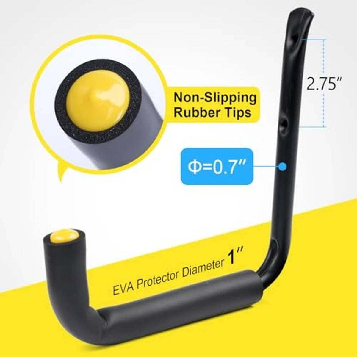 Black J hook with yellow non-slip rubber end tip and curved storage arm