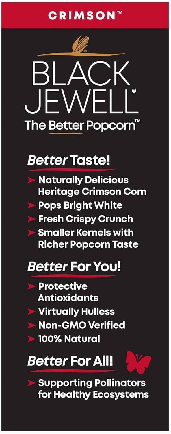 Crimson flavor product panel for Black Jewell gourmet popcorn, dark and red label
