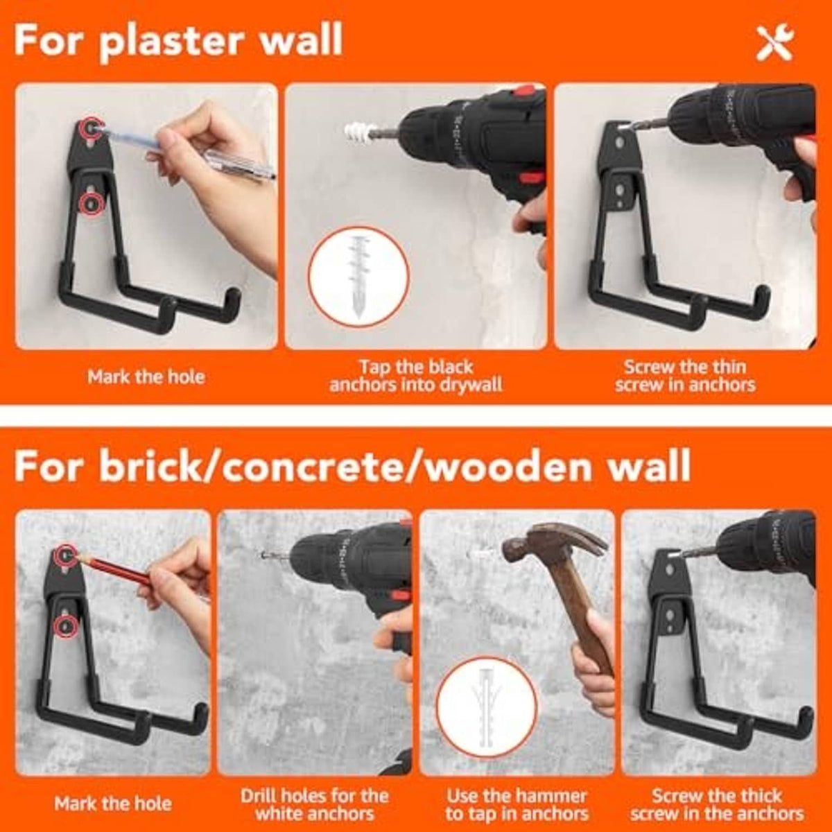 Black garage hook installation guide for plaster wall and brick or concrete wall