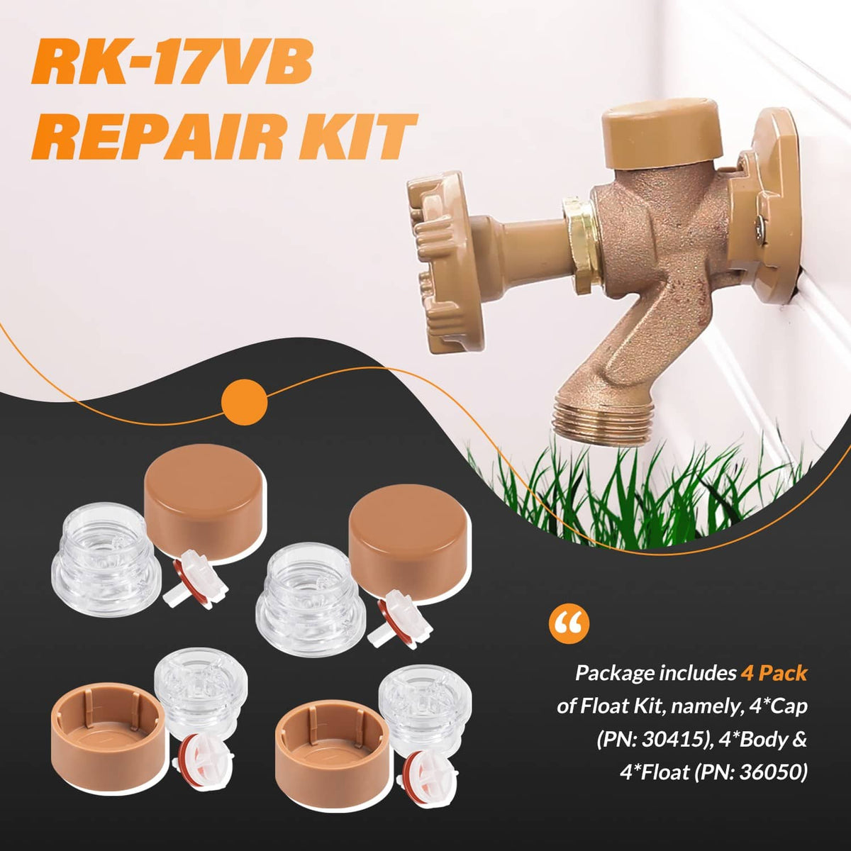 Faucet vacuum breaker float repair kit with brown caps and clear float parts