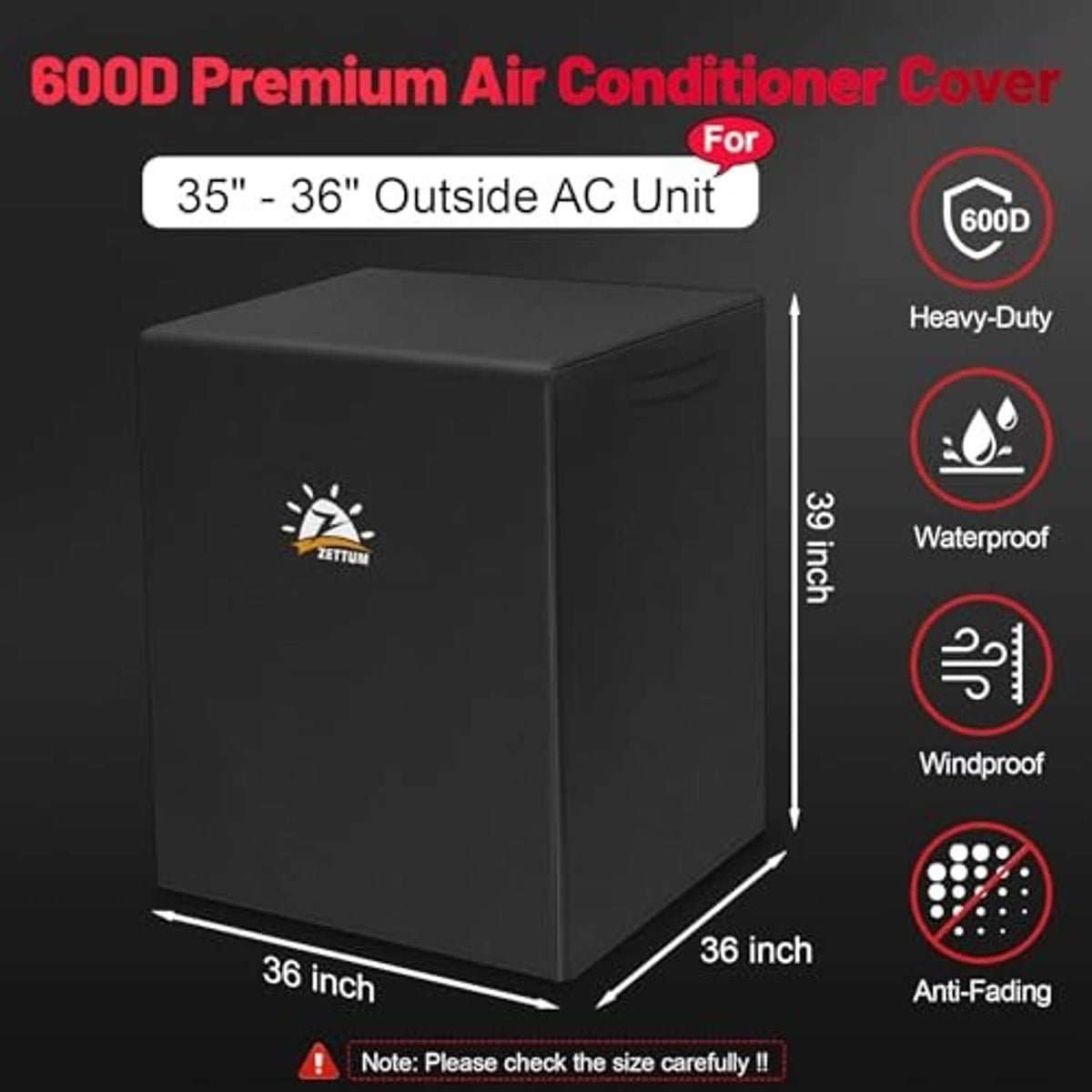 Black outdoor air conditioner unit cover for 36 x 36 x 39 in unit size