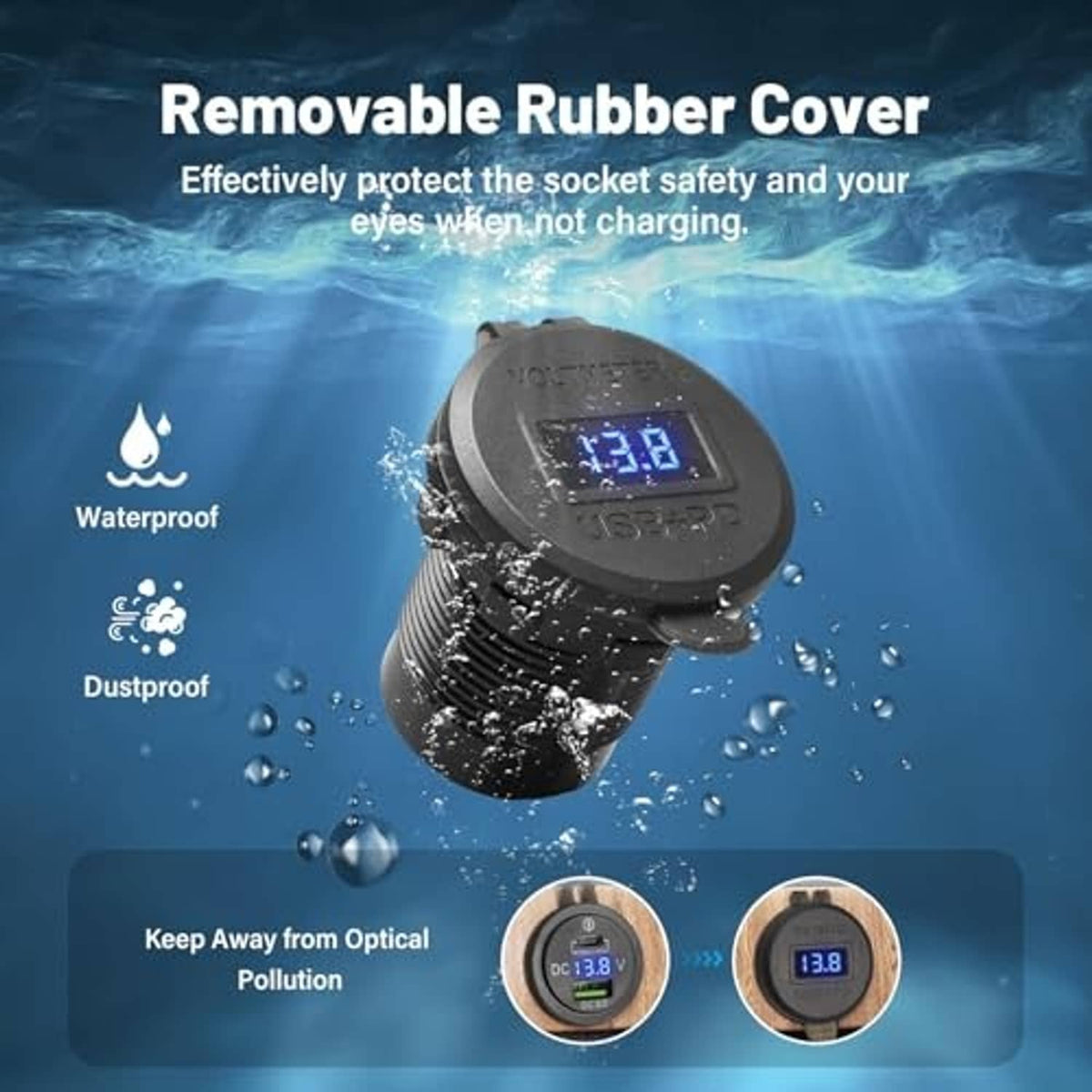 Waterproof car USB charger socket with removable rubber cover and LED display