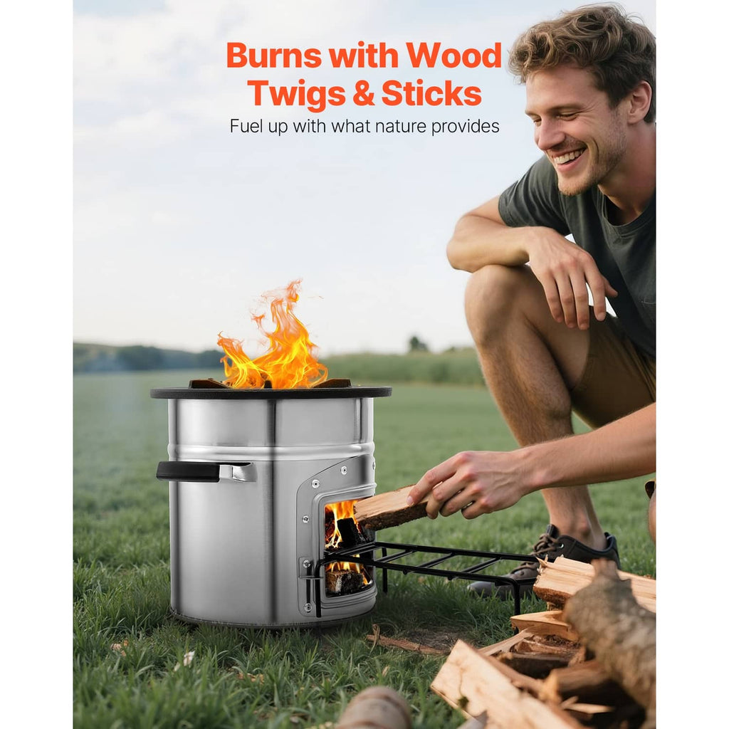 Rocket stove burning wood with open front chamber and folding pot stand