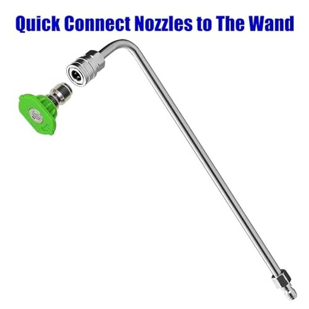 Pressure washer wand extension with quick-connect adapter and green spray nozzle head