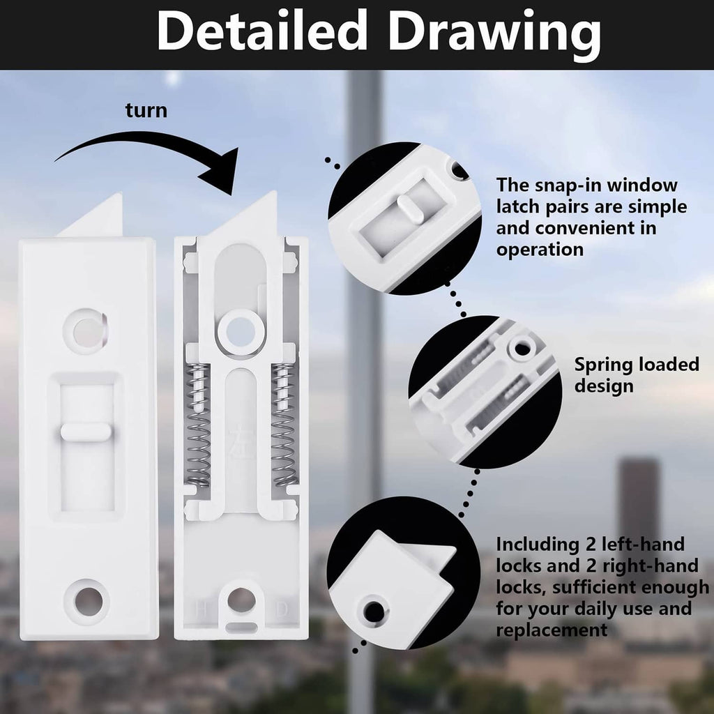 White plastic tilt window latch lock with spring-loaded internal parts (cutaway)