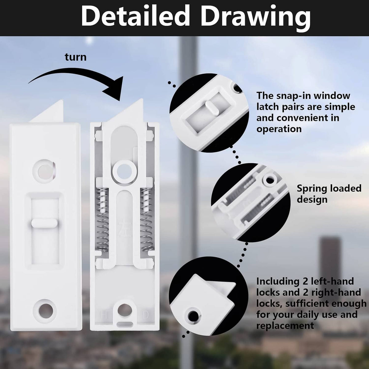 White plastic tilt window latch lock with spring-loaded internal parts (cutaway)