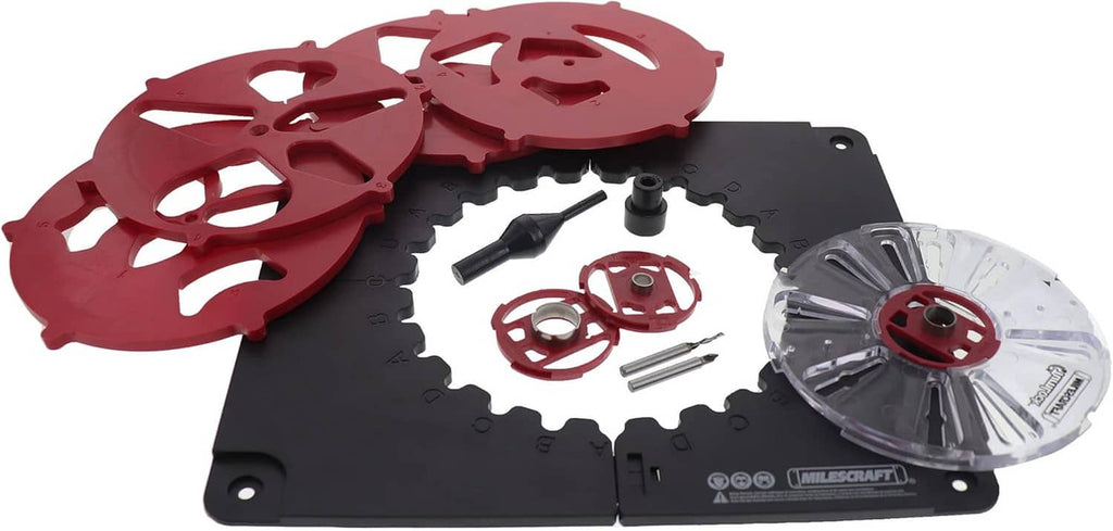 Black router jig base with red inlay templates, screws, and silver circular guide