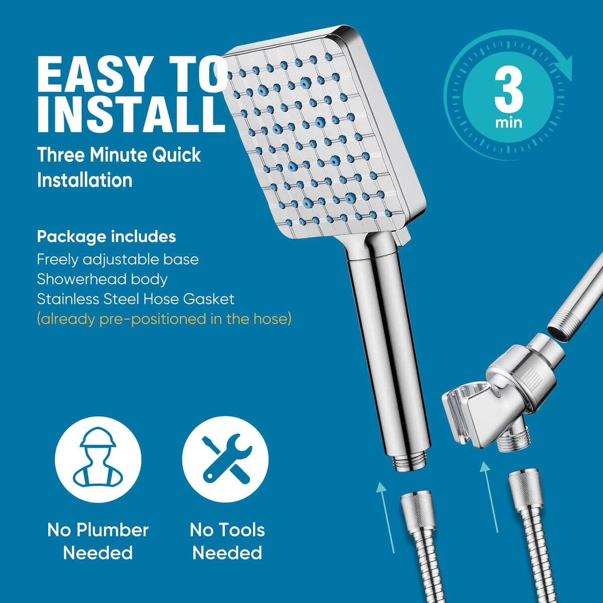 Chrome handheld shower head with included hose components for quick installation