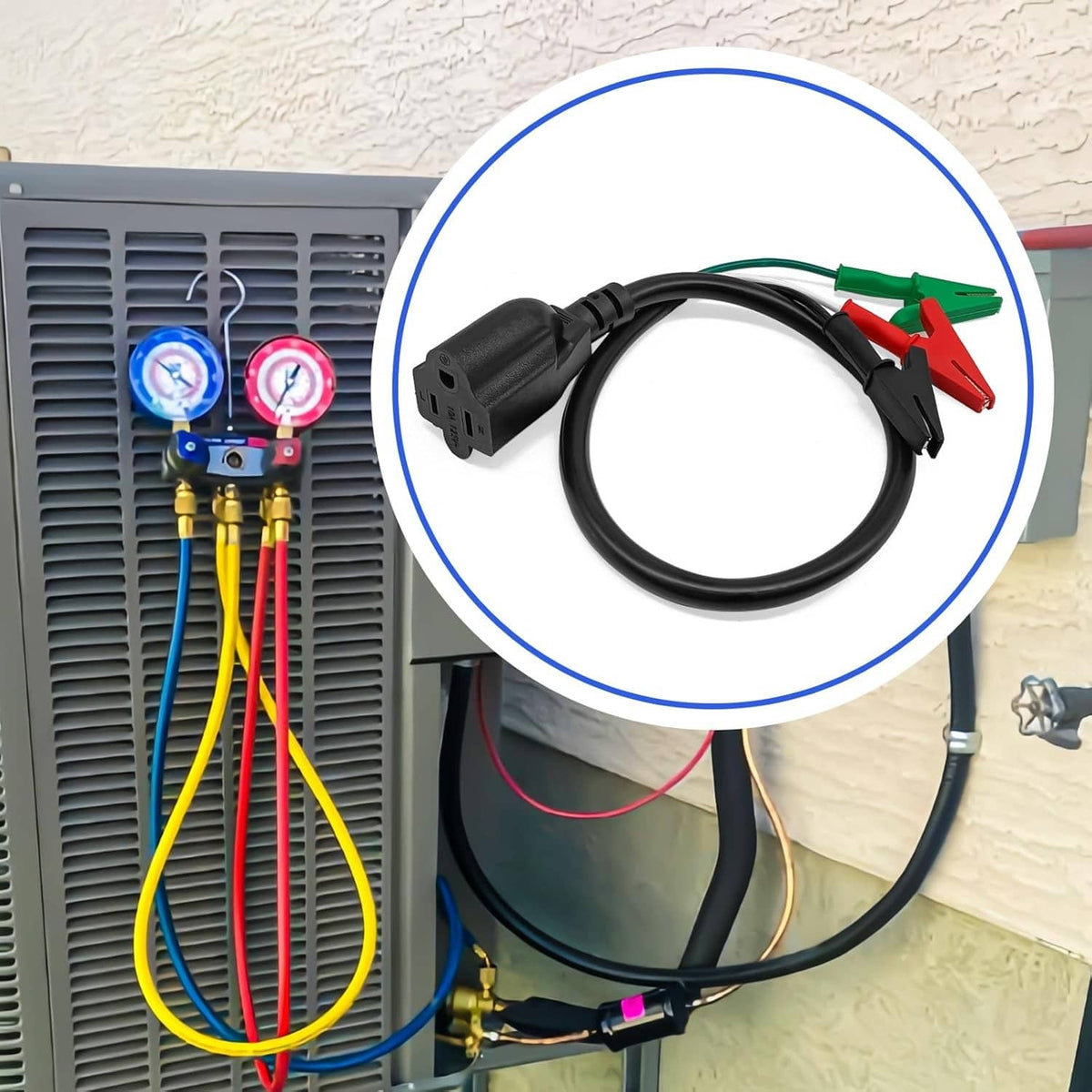 HVAC tool kit accessory cable with black plug and red/green/black alligator clips