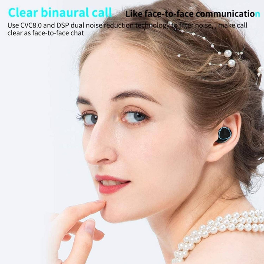 Black wireless earbuds worn in ear with blue LED ring, side profile