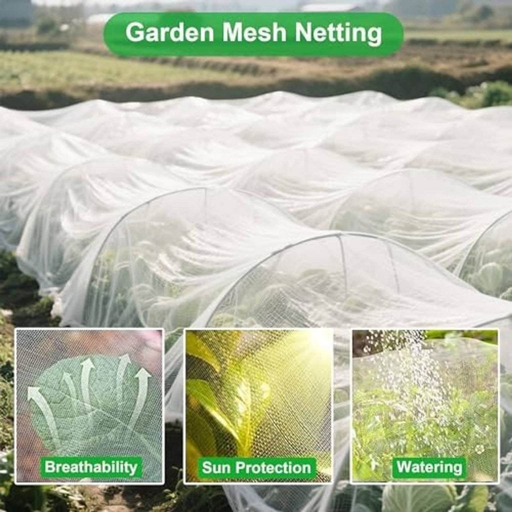 Garden mesh netting tunnel cover, translucent white netting over garden plants