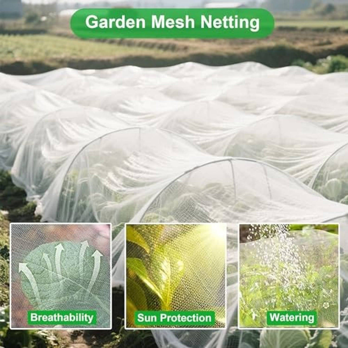 Garden mesh netting tunnel cover, translucent white netting over garden plants