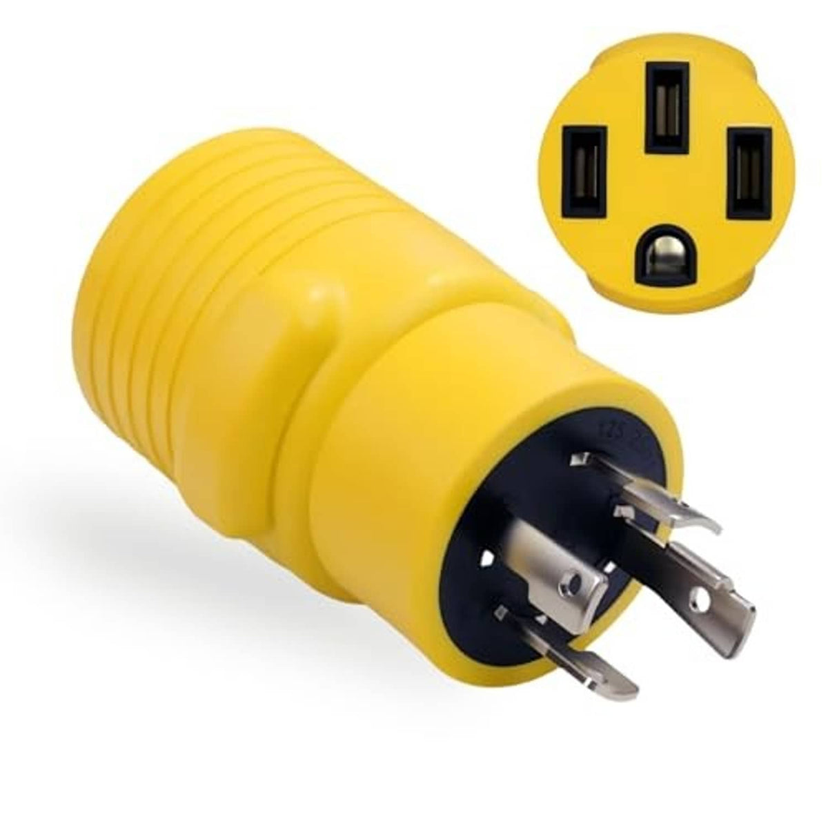 Yellow twist-lock generator adapter, 4-prong male plug connector end view