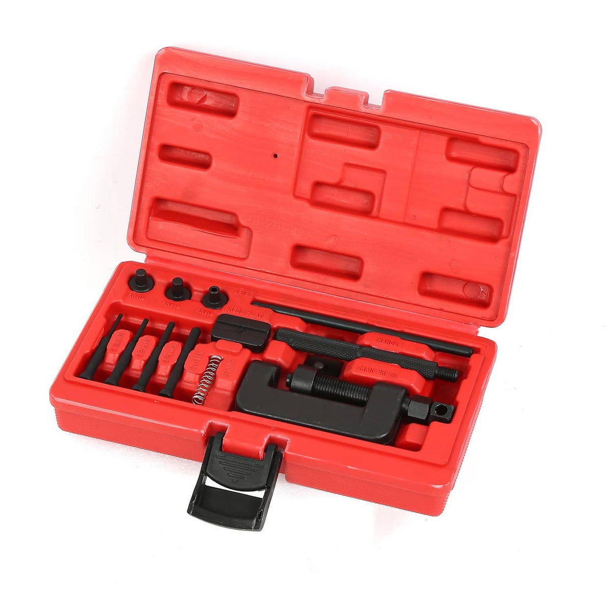 Chain breaker riveter tool kit in red case with pin punches, springs, and press screw