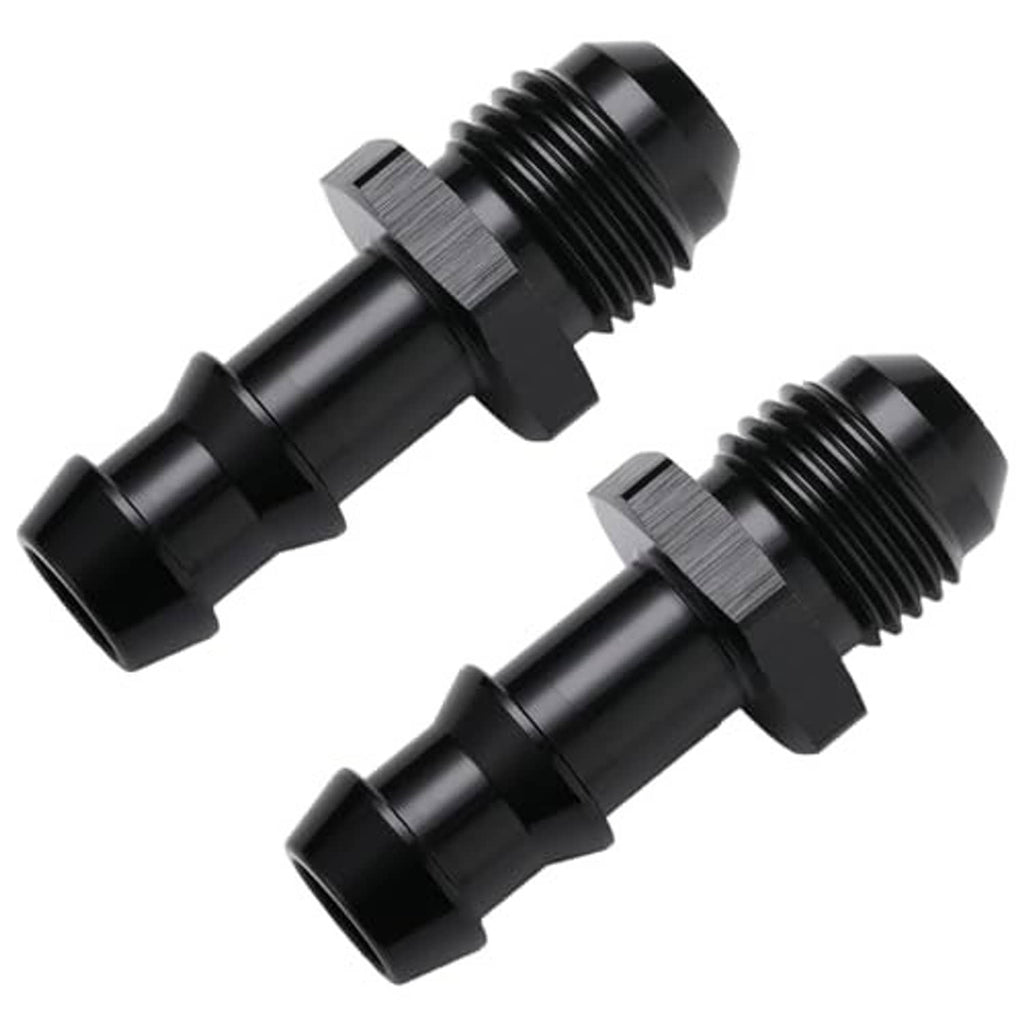 Black straight male hose barb fittings with flared 6AN threaded ends, pair