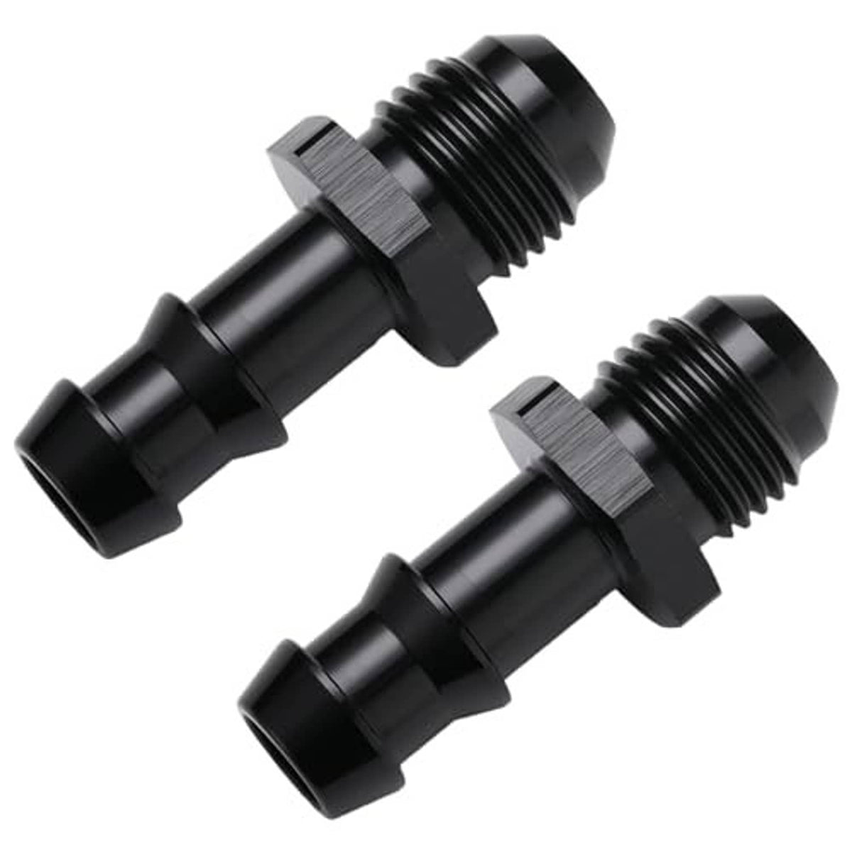 Black straight male hose barb fittings with flared 6AN threaded ends, pair
