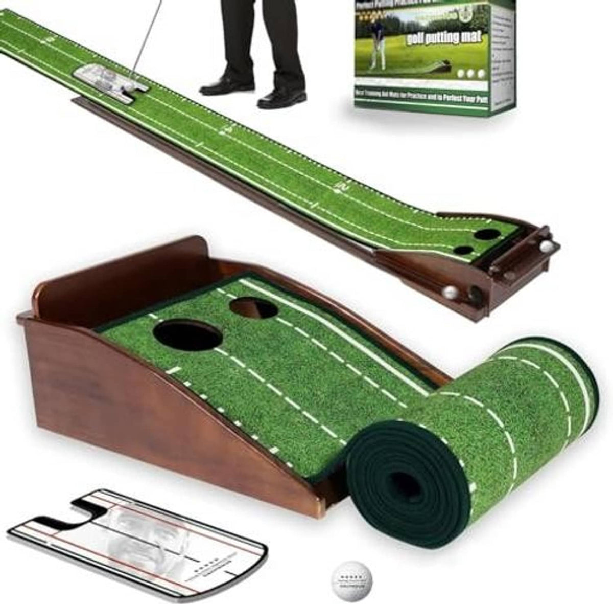 Olive-green putting practice mat with automatic ball return track, roll-up section, and holes