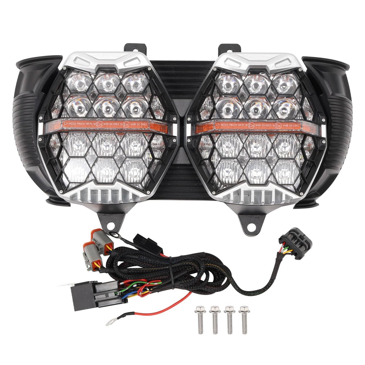 Dual LED headlight pair with clear lenses, red accent strip, black mounting frame