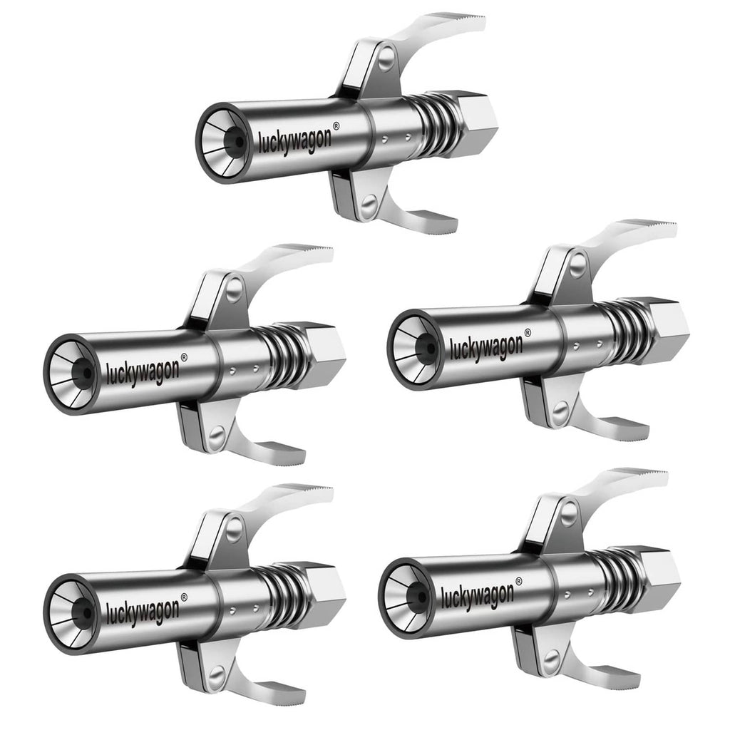 Silver 5-piece grease gun coupler set with quick-connect heads and spring clips