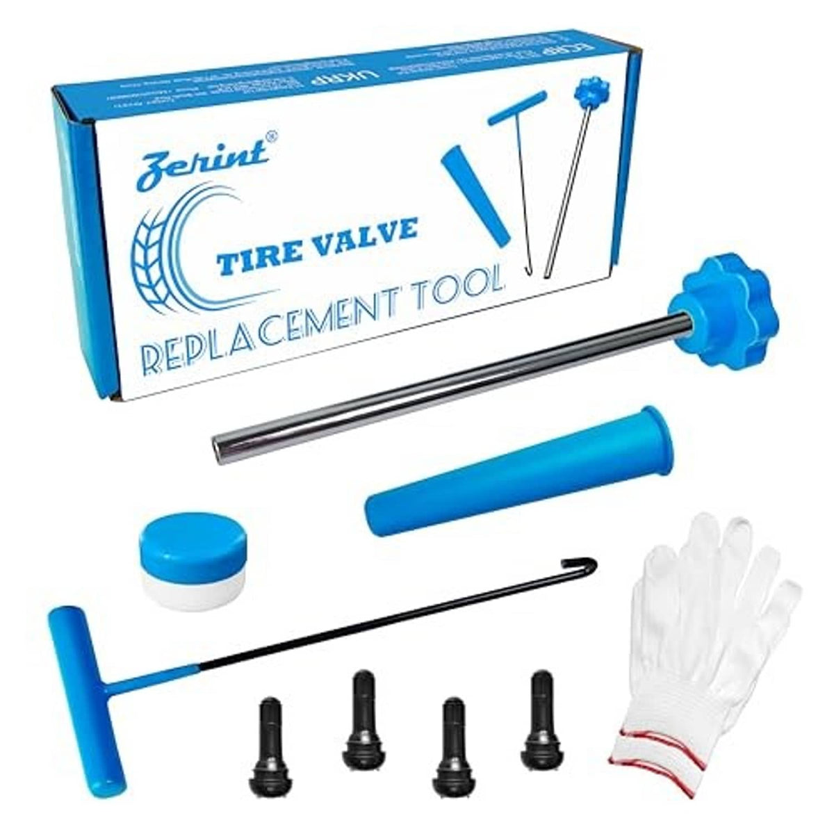 Tire valve core replacement tool kit set with boxed packaging, blue parts, and gloves