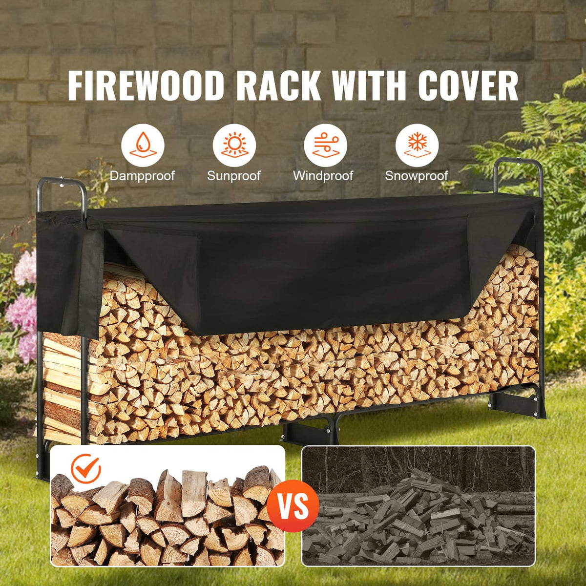 Firewood rack with black tarp cover holding logs; waterproof style outdoor design