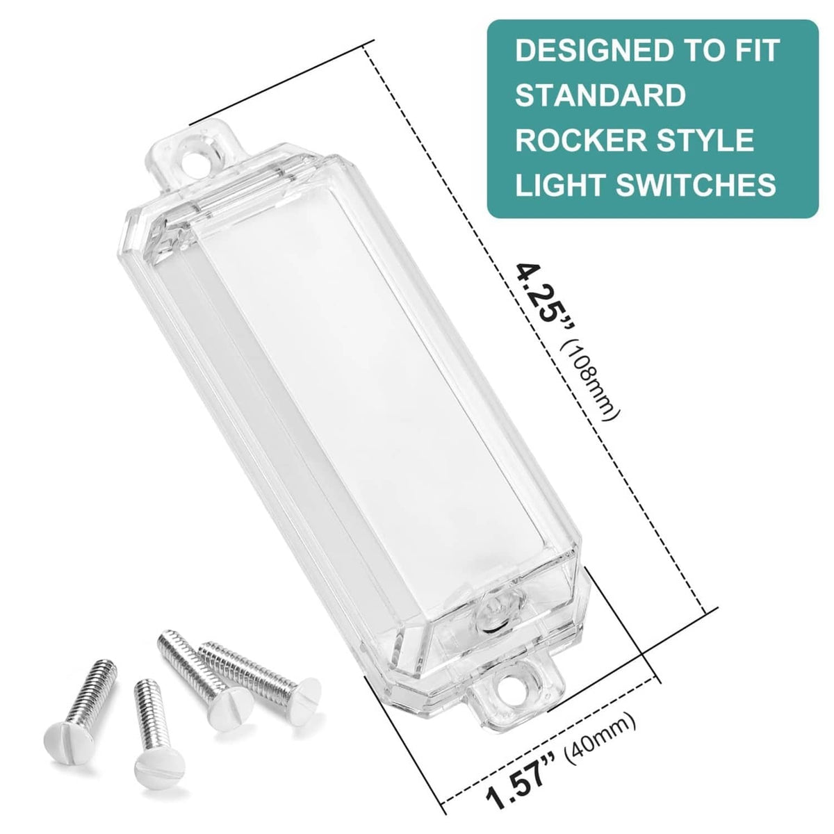 Transparent light switch guard with mounting screws, designed for standard rocker switches.
