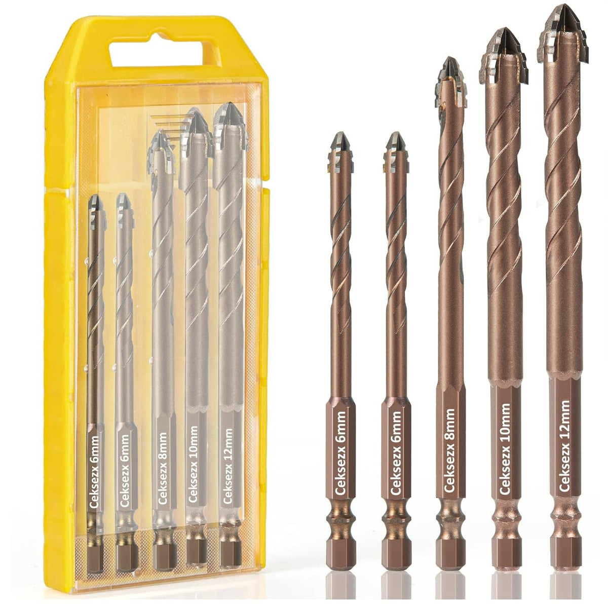 Carbide masonry drill bits set with five brown spiral bits displayed beside yellow case