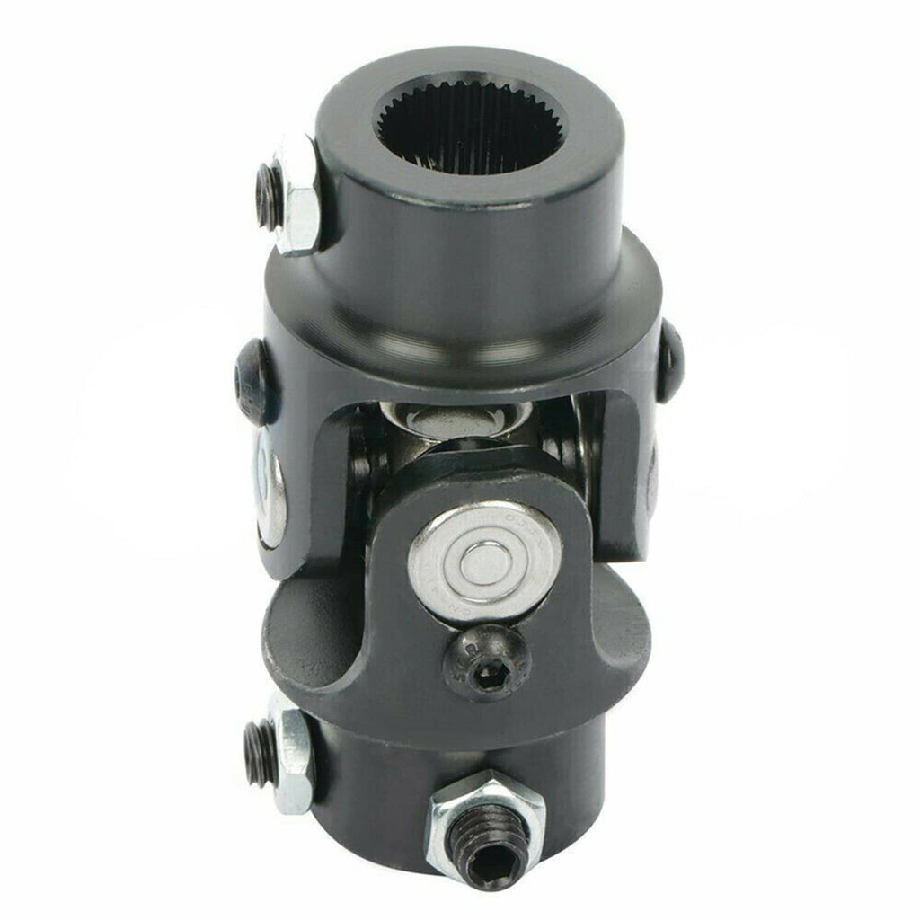Black steering single U-joint shaft with central housing, bolt studs, and splined cap