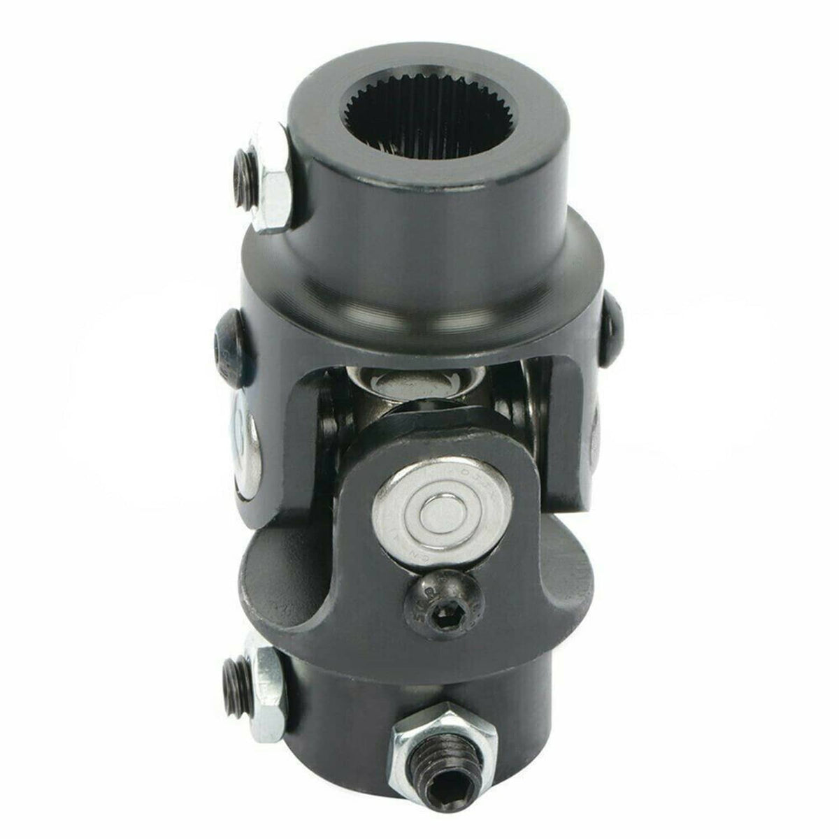Black steering single U-joint shaft with central housing, bolt studs, and splined cap