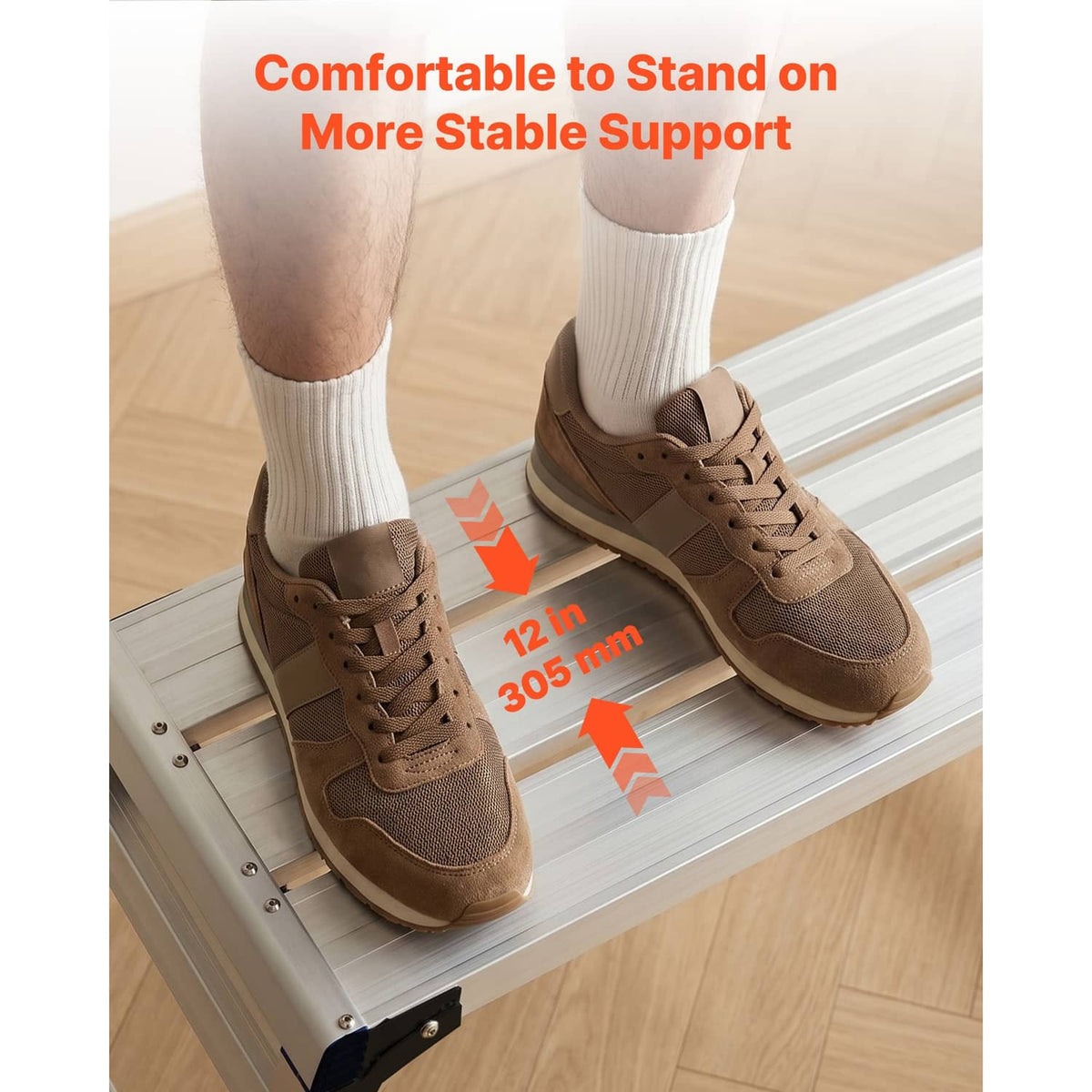 Folding work platform stool with textured top step, white frame, blue feet for stability