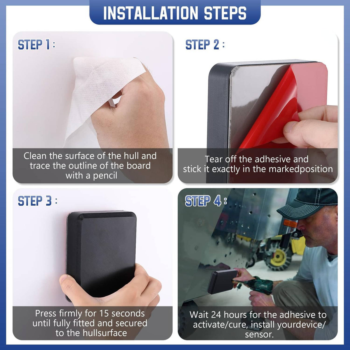 Black transducer mounting plate installation showing adhesive backing and pressing steps
