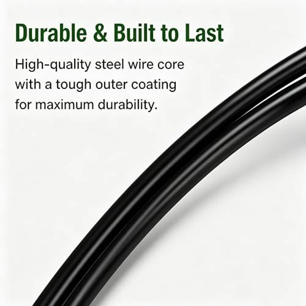 Lawn mower control cable with close-up of black outer coating along the sheath.