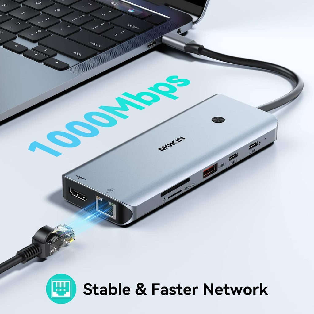MOKiN USB-C docking station with glowing data transfer, HDMI/USB ports facing up