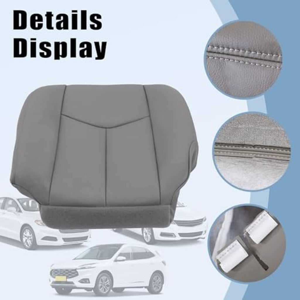 Gray leather seat cover with detailed stitching and textured fabric close-up