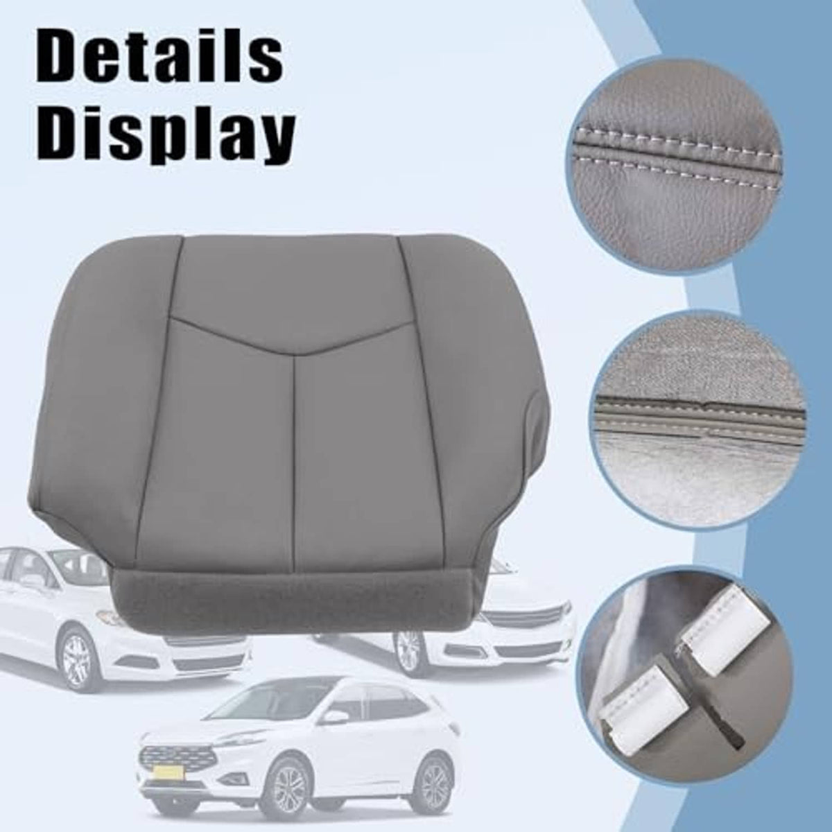 Gray leather seat cover with detailed stitching and textured fabric close-up