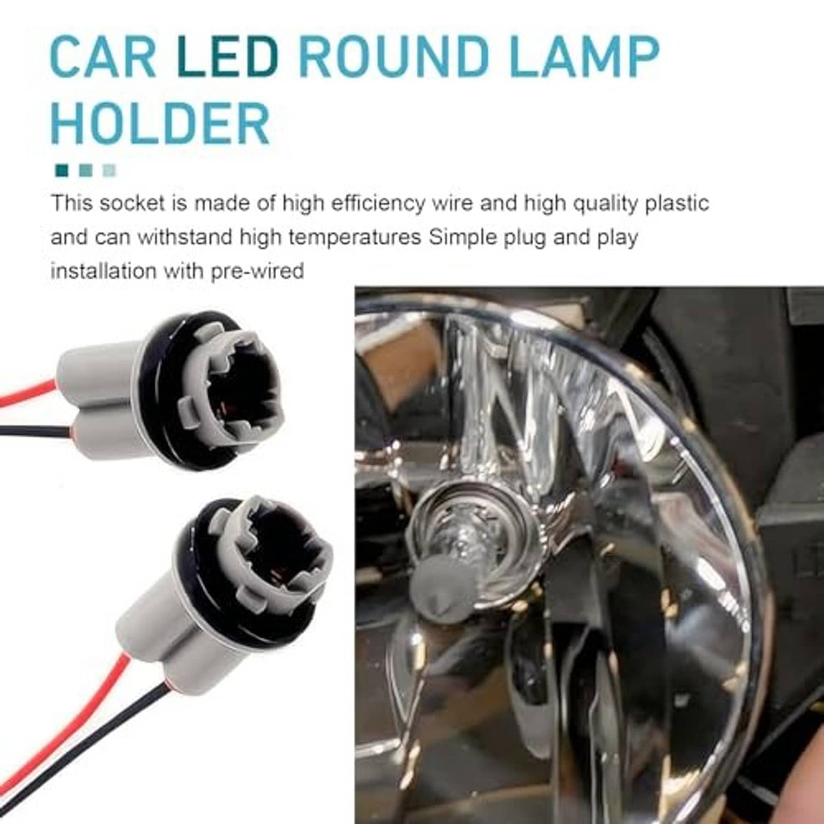 Round car LED lamp holder socket pair with gray plastic and red/black wires