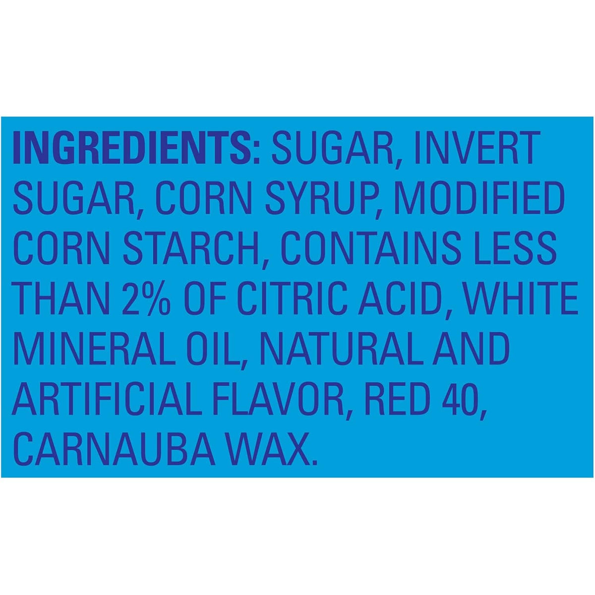 Ingredients list for Swedish Fish candy: sugar, invert sugar, corn syrup, and Red 40