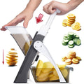 Adjustable mandoline slicer with white tray, dark blade, and hand safety guard