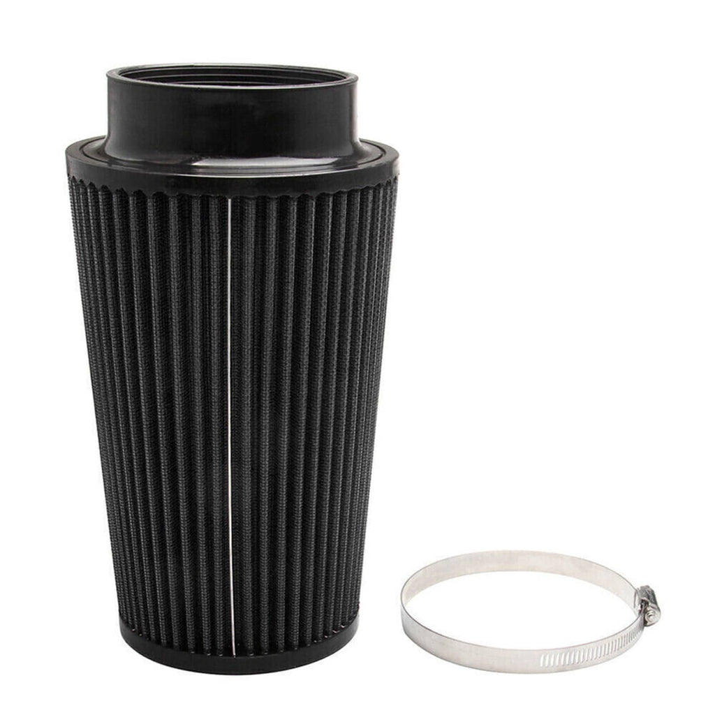 Black cone air filter with ribbed pleats and metal wire clamp strap