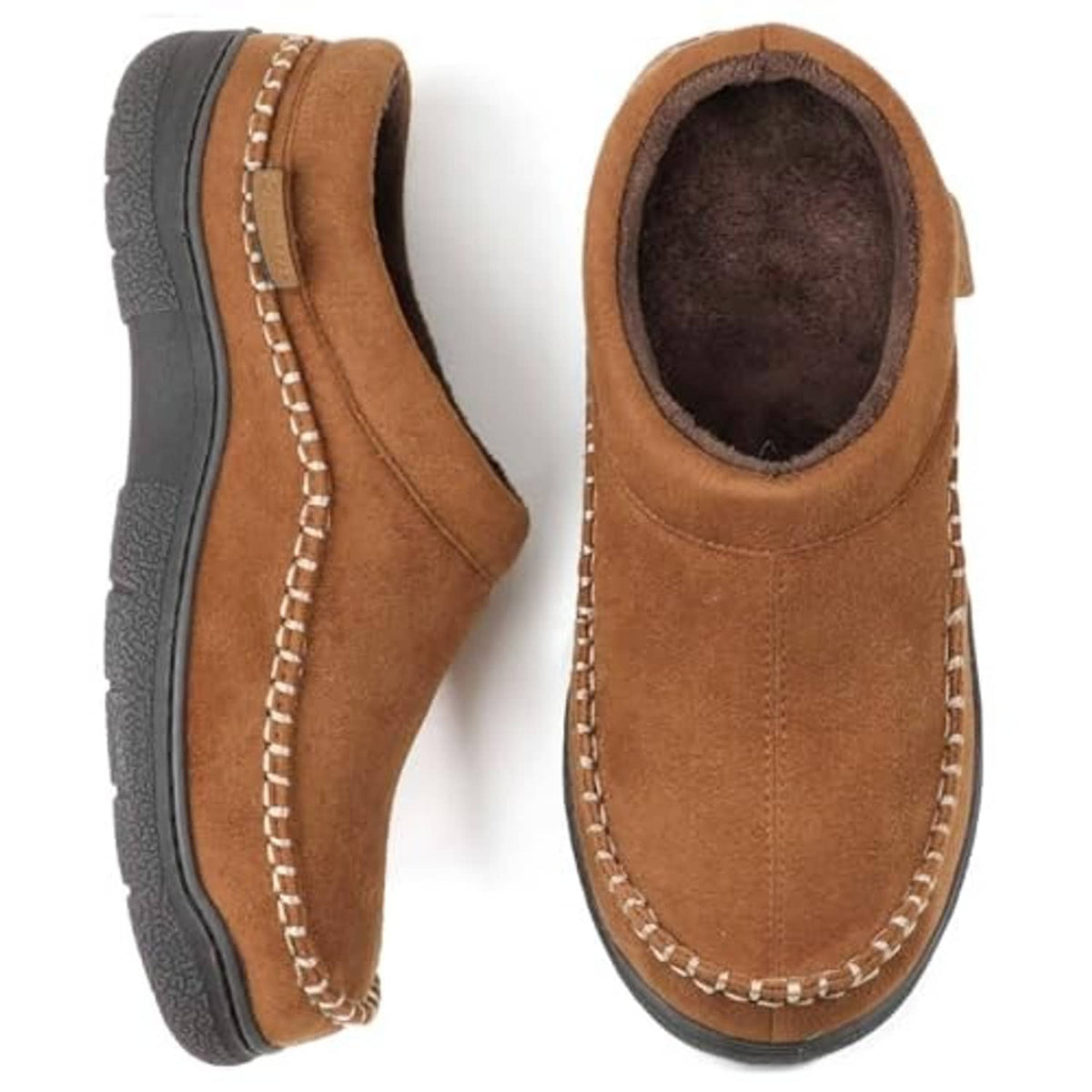 Men's tan suede slip-on moccasin slipper showing fuzzy dark lining