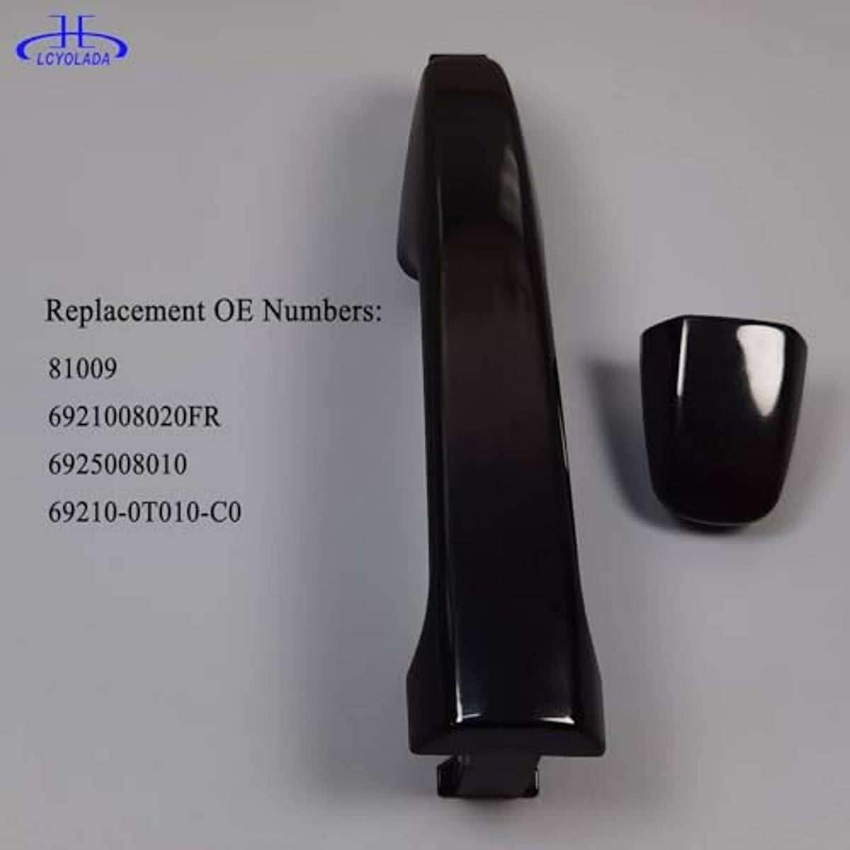 Black exterior door handle cover and curved end cap, glossy finish