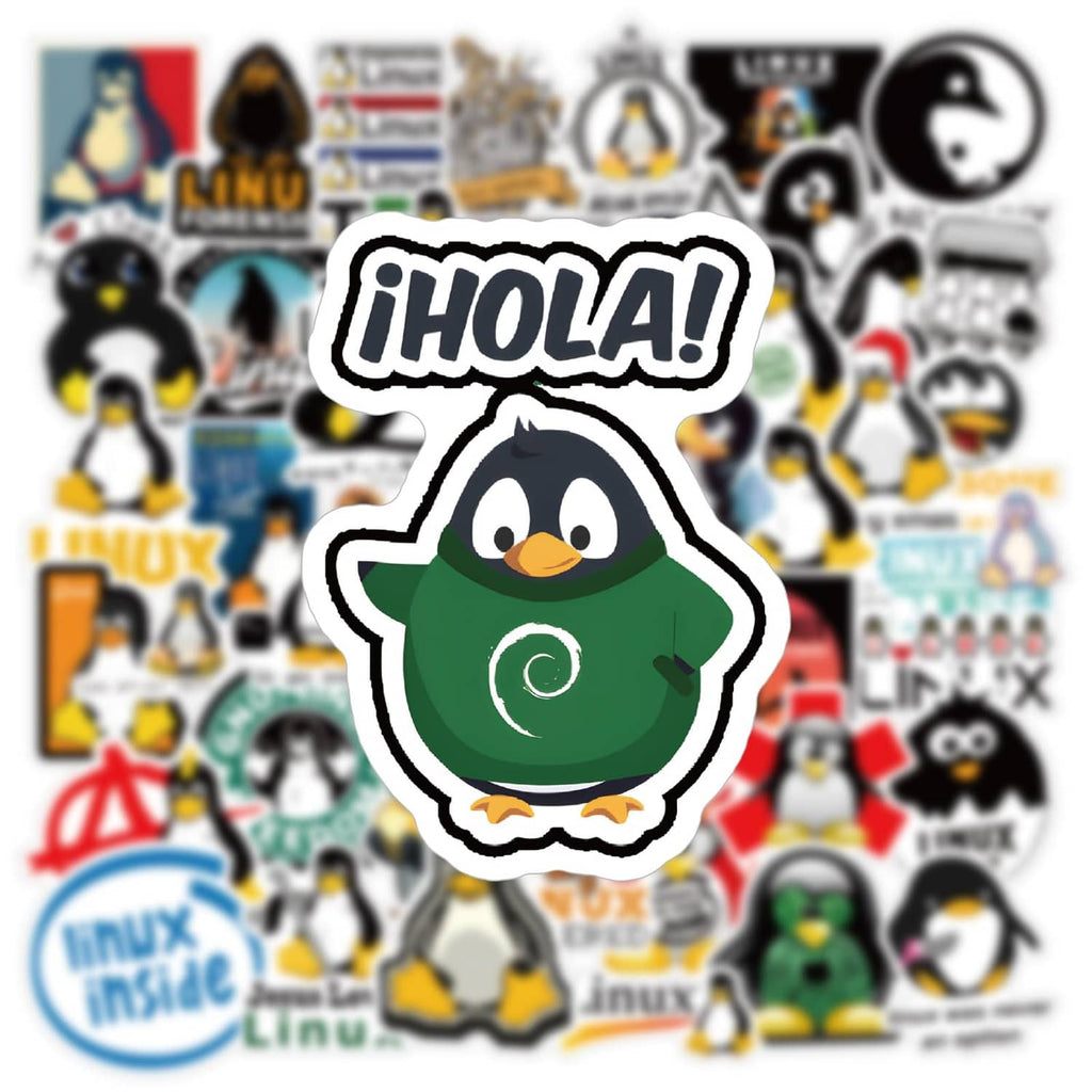 Large Linux penguin sticker with green penguin holding a purple planet and “¡HOLA!” text