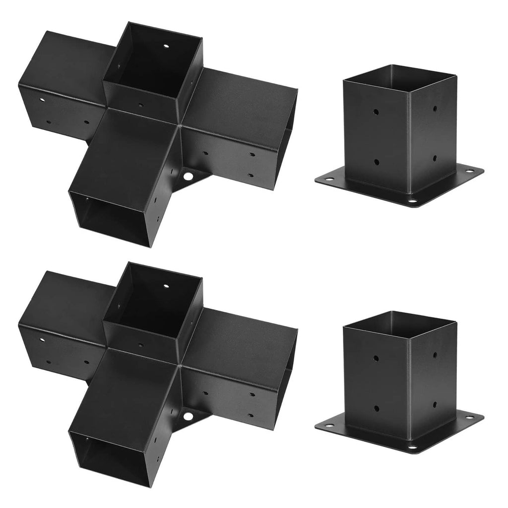 Set of black four-way corner bracket connectors and matching post bases with mounting holes