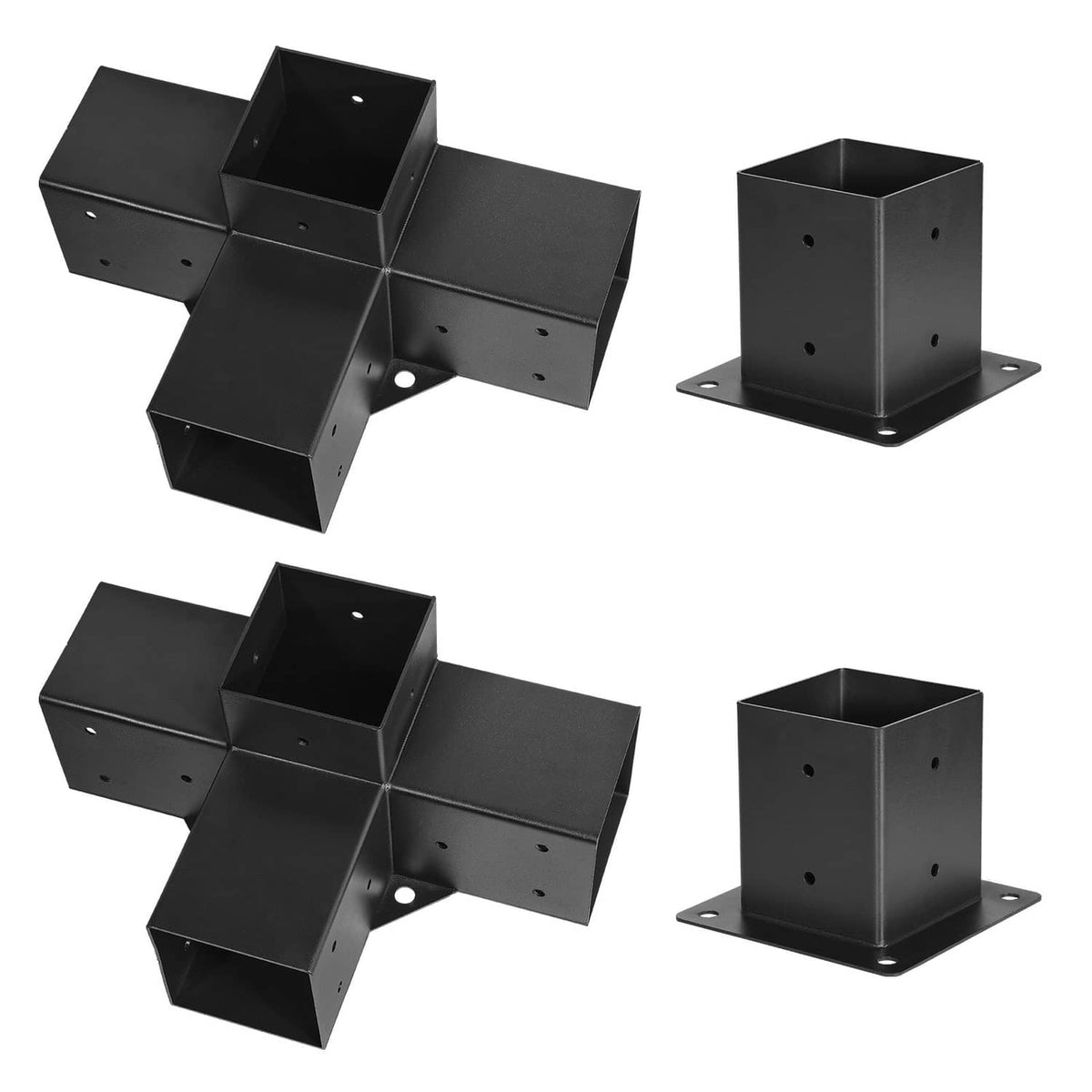 Set of black four-way corner bracket connectors and matching post bases with mounting holes
