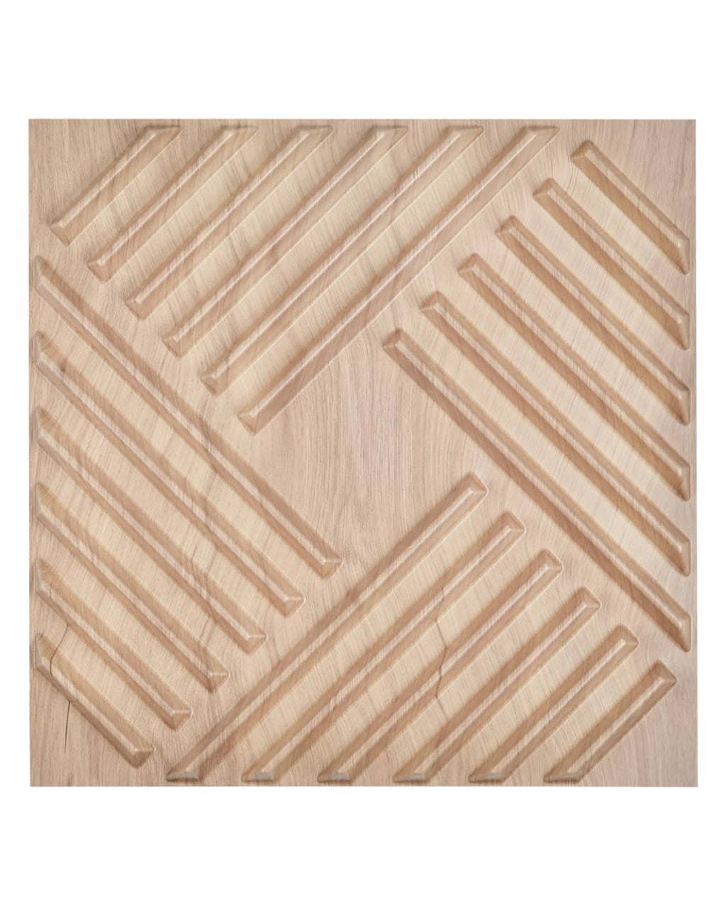 Light wood 3D PVC wall panel with raised straight slat geometric texture.