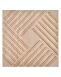 Light wood 3D PVC wall panel with raised straight slat geometric texture.
