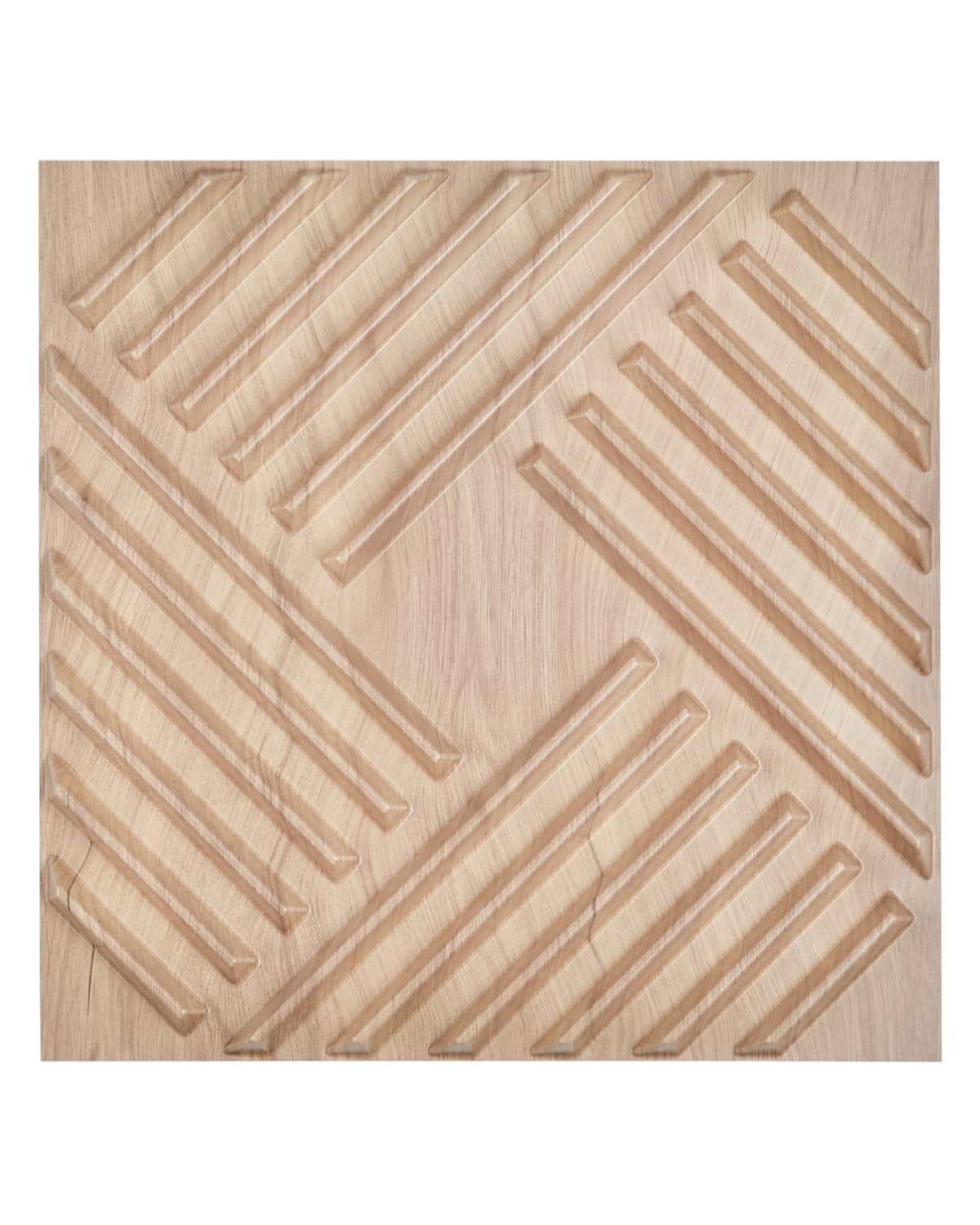 Light wood 3D PVC wall panel with raised straight slat geometric texture.
