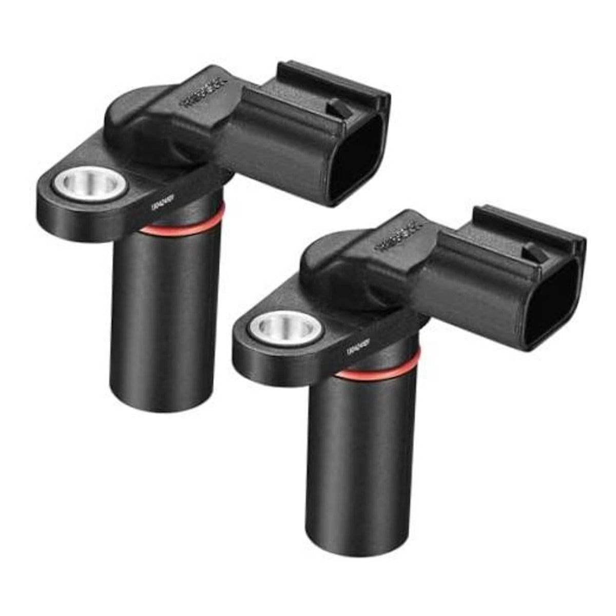Two black camshaft position sensors with red O-rings and metal mounting tabs